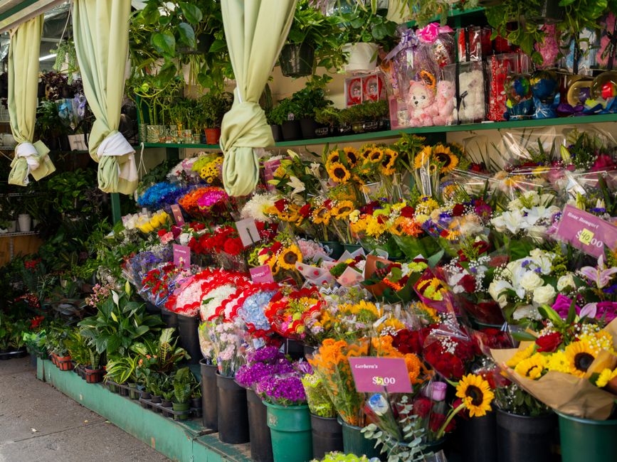 A vibrant outdoor display of fresh floral bouquets and potted plants arranged on a green stand outside Flower Delivery Swiss Cottage, with a variety of colorful flowers including sunflowers, roses, li