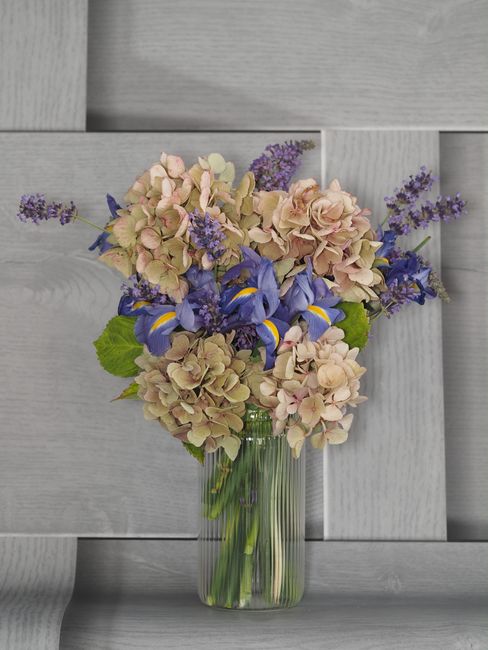 A floral arrangement featuring a bouquet of pale pink and cream hydrangeas, interspersed with vibrant blue irises and sprigs of purple lavender, all arranged in a clear glass vase with visible green s