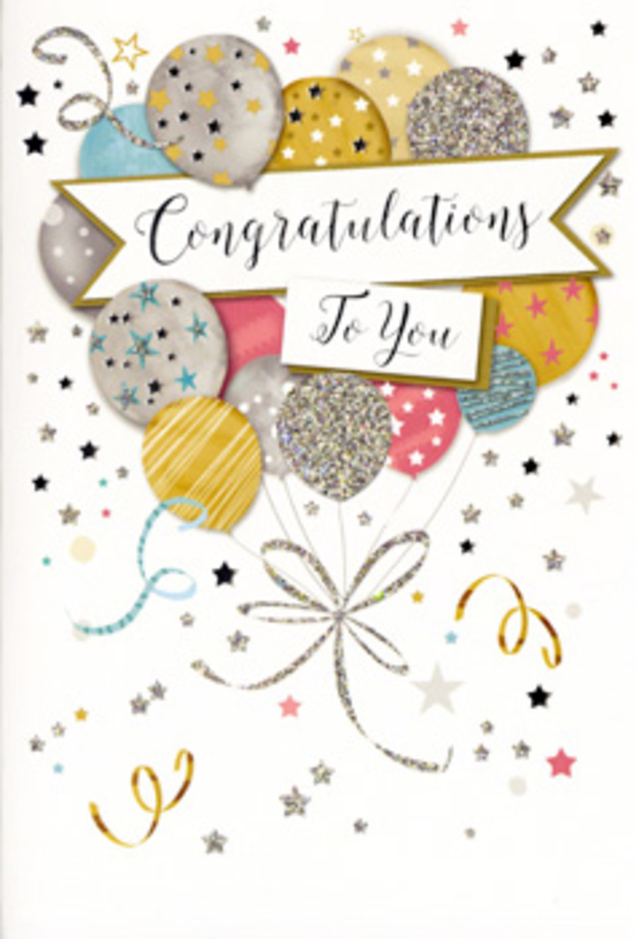 This beautifully illustrated congratulations card evokes the feeling of stepping into a well-planned celebration in Swiss Cottage, complete with carefully chosen decorations and heartfelt words. The main composition features a generous bouquet of balloons that seems to float upward from the lower edge, overlapping to create depth and visual richness. Each balloon is softly rounded and finished in a harmonious palette of metallic gold and silver, champagne, sky blue, blush pink and gentle grey. Fine patterns adorn their surfaces: some display tiny glimmering stars, others delicate stripes or sparkling specks, giving the impression of light dancing off glossy party décor in a nearby apartment overlooking Swiss Cottage's tree-lined streets. The strings are drawn with an artist's flourish, curling in slender ribbons of gold and silver that twist together gracefully, much like the flowing stems and ribbons in a hand-crafted congratulatory bouquet. A central banner cuts across the balloons, its ends slightly curled, displaying Congratulations To You in an elegant, looping script that conveys admiration and pride. Surrounding the focal design, the background is soft and understated, sprinkled with miniature stars, confetti dots and curling streamers that spiral lightly, suggesting movement and the lingering buzz of happy conversation. You can almost sense the tactile contrast between smooth card, raised glitter and glossy ink when you imagine running your fingers over the surface. The overall impression is one of refined, luminous joy-an ideal card to accompany flowers celebrating graduations, promotions, new beginnings or personal triumphs for friends and family living in and around Swiss Cottage.