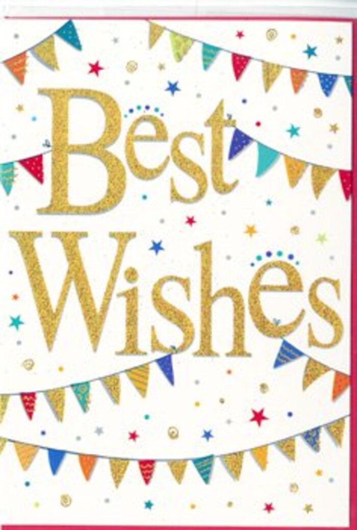 In this image, a Best Wishes card radiates gentle festivity, the kind of understated joy you might associate with a leisurely stroll through Swiss Cottage on a sunny afternoon. The card's background is a bright, matte white, allowing every decorative element to stand out clearly. At its centre, the phrase Best Wishes is written in flowing, cursive script, embossed in a warm golden tone. The lettering catches the light with a subtle glittering finish, suggesting depth and texture, like the glint of sunlight on shop windows near Swiss Cottage station. Curving across the top and bottom of the card, strings of colourful bunting create loose arcs that cradle the central message. Each tiny triangular pennant is rendered in strong, saturated hues-cobalt and sky blue, cherry red, grassy green, and golden yellow-while delicate patterns of stripes, dots, and patchwork-style motifs give each flag a slightly different character. The bunting evokes a street party, or decorations hung for a family celebration in a nearby flat or garden. Scattered between these arcs are small, stylised stars and rounded confetti dots in complementary colours, lightly sprinkled across the white space. Their arrangement feels spontaneous yet considered, imparting a sense of motion and playfulness, as though joy itself were drifting across the page. The composition remains airy, never crowded, so the eye is naturally drawn back to the golden words at the centre. This card would sit beautifully beside a vase of fresh blooms on a windowsill overlooking Finchley Road or be tucked into a thoughtfully arranged bouquet. Its mood is perfect for congratulating someone on a new chapter-a promotion, a move, or even a personal achievement-while its design carries a timeless warmth, much like flowers delivered with care throughout Swiss Cottage and the surrounding neighbourhoods.