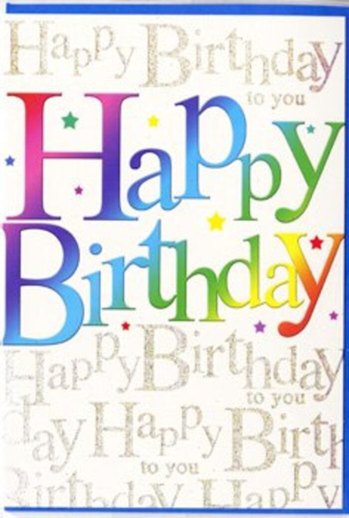 In this image, the birthday card appears as a bright, joyful focal point, much like a vivid bouquet displayed in a Swiss Cottage window. Across the front, the words Happy Birthday are written in generous, bold letters that curve gently from left to right, creating a natural sense of movement and uplift. Each letter is drenched in colour, yet no single shade stands alone: they melt together in smooth gradients that travel through a full spectrum, beginning with warm reds and rosy pinks, then flowing into cooler violets and blues, turquoise and teal, and finally into refreshing greens and mellow, sunny yellows. The coloration feels intentional and harmonious, the way a florist might deliberately blend tones in an arrangement to create both contrast and cohesion. Behind this striking rainbow text, the background hums with intricate golden script, the phrase Happy Birthday to you repeated over and over in elegant, looping handwriting. The script runs diagonally across the card and overlaps slightly, forming a delicate, lace-like layer that glitters when it catches the light, reminiscent of the soft evening glow along Avenue Road. The gold is not gaudy; instead, it gives the impression of fine dusting, like a hint of champagne bubbles or starlight scattered over the surface. Between the letters, there are subtle pinpoints of colour-tiny stars and specks that add cheerful sparkles without cluttering the design. The base colour of the card is light and neutral, making the rainbow letters and gold pattern stand out clearly and feel fresh. As a florist arranging birthday deliveries in Swiss Cottage and the neighbouring areas, this is exactly the sort of card I would match with a lively, mixed bouquet, knowing its blend of bold colour and refined shimmer perfectly reflects the joy of a birthday celebration.