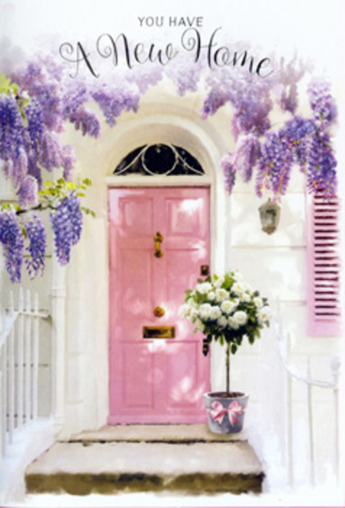In this evocative Swiss Cottage doorway scene, the gentle drama of florals and pastel paintwork combine to tell a story of new chapters and heartfelt welcomes. A blush-pink front door stands tall at the centre, its smooth surface reflecting light in a soft, muted way that keeps the mood calm and reassuring. The surrounding walls, washed in a warm white, are faintly textured, catching light and shadow to create a subtle backdrop that lets the flowers truly shine. Draped above, wisteria cascades with an effortless elegance, its clusters of lavender and lilac blossoms hanging in elongated, tapering strands. Each individual floret seems to contribute to a haze of colour that feels at once delicate and abundant, as though the doorway is cradled by a living canopy that might have crept over from a garden off Avenue Road or a hidden courtyard near Finchley Road. To one side, a pastel shutter echoes the door's hue, set at just the right angle to draw the eye across the façade and harmonise the composition. Nestled at the foot of the door, a grey metal bucket serves as a rustic vessel for a lush arrangement of creamy white roses. The blooms are full and layered, some just starting to unfurl, others fully open, giving a sense of both anticipation and arrival. Sprigs of soft green foliage punctuate the roses, adding structure and a hint of freshness. Around the bucket, a pale pink ribbon is tied with care, its bow slightly loose, suggesting a human hand has just stepped away. You can almost imagine the comfortable quiet of a Swiss Cottage residential street as the fragrance of roses and wisteria drifts out, ready to greet the new homeowners or tenants with a sense of peace, beauty, and the promise of meaningful days ahead.