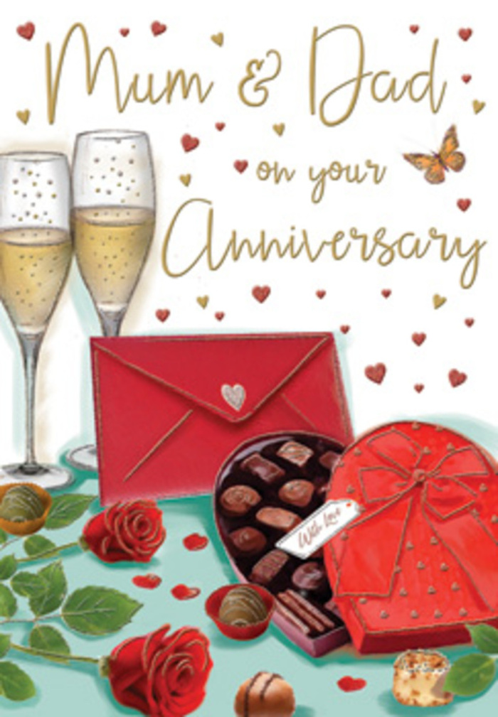 Warm, detailed anniversary card illustration honouring Mum and Dad, arranged like a lovingly styled tabletop scene in a Swiss Cottage home. The focal point is a pair of tall champagne flutes, drawn with slender stems and gently curved bowls that seem to lean slightly towards each other, emphasising closeness. Each glass is filled with pale golden champagne, tiny bubbles shimmering as they rise through the clear liquid, catching hints of reflected light as though from nearby lamps on Finchley Road. In front of them sits a generous heart-shaped chocolate box, its red casing rich and glossy. A large crimson satin bow is tied around it, the ribbon loops smooth and rounded, with soft highlights showing off the fabric's silky texture. The lid is pushed back just enough to reveal a tempting display of assorted chocolates, some dark, some milk, each settled into a small paper cup, inviting a slow, shared indulgence. To one side, two full red roses lie gently on the table, their petals deeply layered and velvety, like the kind of premium stems chosen by an expert Swiss Cottage florist assembling an anniversary arrangement. The roses' dark green leaves create a lush border, grounding the bright reds and golds that dominate the card. Scattered across the softly coloured background are clusters of tiny hearts in shades of crimson and metallic gold, surrounding the tender Mum & Dad inscription written in graceful script. A classic scarlet envelope, neatly sealed, rests nearby as a quiet promise of affectionate words within. The whole image conveys warmth, romance, and the cosy intimacy of celebrating many shared years in the familiar streets and apartments of Swiss Cottage.