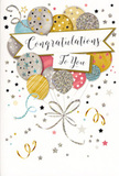 This congratulations card feels like a bright, uplifting moment captured on paper, ready to complement a bouquet arriving at a flat in Swiss Cottage. At the centre of the design, a bundle of balloons rises in a cheerful cluster, some tucked behind others to create a sense of depth. Their colours blend harmoniously: warm metallic gold and silver, creamy champagne, fresh sky blue, soft blush pink and a gentle touch of grey. Each balloon carries subtle decoration-tiny silver stars, slender bands of glitter, delicate stripes and fine speckles-suggesting that they shimmer gently in the light, much like festive decorations seen through the windows of local cafés near Swiss Cottage Underground. The strings holding them together are illustrated as flowing ribbons of gold and silver, looping in elegant curves that mirror the flourishes a florist might add when tying a celebratory bouquet. A curved banner stretches across the centre, bearing the message Congratulations To You in beautiful, flowing calligraphy that feels genuinely warm and personal. Around the balloons, the background is pale and open, scattered with small stars, dots of confetti and swirling streamers that convey movement, as though frozen in the instant just after a joyful cheer. The imagined texture of raised glitter and glossy ink adds a sense of luxury, making the card feel special to hold. Overall, the design radiates gentle, sincere celebration-perfect for recognising exam successes, new jobs, promotions or any heartfelt achievement being celebrated in Swiss Cottage, Belsize Park or the surrounding streets.