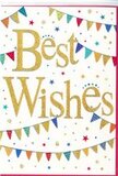 This Best Wishes card is captured in a way that highlights its cheerful yet refined design, perfectly suited to accompany fresh flowers delivered across Swiss Cottage. The background is a clean, luminous white that makes the central message and decorations stand out. In the middle, Best Wishes is written in a flowing gold script, each letter slightly raised from the surface. The gold finish has a gentle glitter, so the words appear to shimmer when they catch the light, reminiscent of evening reflections along Finchley Road. Sweeping across the top and bottom, strings of bunting form soft arcs that frame the greeting. Each small triangular flag is coloured in vivid tones-bright red, rich blue, lively green, and warm yellow-and many are adorned with simple patterns such as neatly spaced dots, slim stripes, or tiny mosaic-inspired shapes. The bunting suggests festive decoration, like garlands hung for a party in a local Swiss Cottage home or a gathering near the edge of Regent's Park. Between these garlands, small stars and confetti-like dots float across the card. They vary in size and colour but are spaced in a way that feels airy and balanced, creating a sense of fun and movement without overwhelming the design. Overall, the card conveys friendly, inclusive celebration, as suitable for a work promotion as for a new home or exam success. It is easy to imagine this card nestled into a bright bouquet from Flower Delivery Swiss Cottage, its golden words and colourful bunting echoing the happiness carried in each fresh bloom and leafy stem.