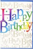 The birthday card pictured here glows with a sense of celebration, as vibrant as a colourful display in a Swiss Cottage flower shop. Centred on the front, the phrase Happy Birthday stretches across in large, inviting letters, each one softly shaded with a flowing gradient of colour. The tones move gradually from spirited reds and juicy pinks to royal blues and lighter sky hues, then glide into cool teals, fresh greens and buttery yellows, forming a continuous rainbow sweep that feels both playful and polished. The letters look gently rounded and slightly raised, as if they've been carefully layered with pigment to give them a plush, touchable depth. Surrounding and underlying this main text is a field of refined golden cursive, where the words Happy Birthday to you repeat again and again in tight, swirling script. The handwriting slants elegantly from corner to corner, creating a patterned backdrop that shimmers like a fine metallic fabric whenever light hits it, similar to how sunlight can catch in the windows near Swiss Cottage station. The gold is delicate, not overpowering, so it supports rather than competes with the colourful greeting. Small, scattered accents-tiny stars, dots and specks in bright, matching colours-pepper the spaces around the letters, adding just enough sparkle to evoke confetti thrown in the air. The base of the card remains light and uncluttered, which keeps the overall look fresh and contemporary. It's the kind of birthday card I'd happily slide into an envelope beside a radiant bouquet being delivered across Swiss Cottage, knowing that its rainbow lettering and shimmering script capture the joyful spirit of the occasion from the very first glance.