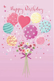 This whimsical birthday card artwork captures the feeling of a light, joyful celebration drifting over Swiss Cottage as if carried on a soft breeze from nearby parks and gardens. Against a gentle pink background, a cluster of pastel balloons floats upward, each one slightly different yet perfectly harmonious in colour and design. Soft blush pinks, minty sea greens, lavender purples, and pale sunshine yellows blend to create a dreamy palette, while delicate patterns-candy-striped ribbons, scattered polka dots, swirling lines, and a central heart-shaped balloon-add a playful character to the scene. Anchored below this colourful display is a dainty bouquet of flowers, featuring roses and anemone-like blooms in creamy ivory, blush, and muted mauve. The petals are illustrated with care so they appear full, feathery, and freshly opened, like a bouquet that has just arrived at a Swiss Cottage doorstep. The stems are tied neatly with a violet satin bow that gleams softly, its texture contrasting with the light, airy shapes of the balloons above. Around the main arrangement, tiny butterflies and star-shaped accents flutter and sparkle, hinting at fairy-tale wonder and the thrill of a birthday about to be celebrated. The overall effect is airy, sweet, and quietly enchanting-a visual promise of happiness and thoughtfulness, like sending a birthday wish and flowers to someone special in Swiss Cottage, ensuring their day feels brighter, softer, and wonderfully unforgettable.
