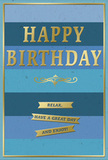 This image features a refined birthday card whose quiet sophistication comes from its layered blue background and shimmering gold typography, much like the understated charm of Swiss Cottage's side streets and leafy corners. The card stands upright and fills the frame, its surface divided into generous horizontal bands of blue. At the top, the blue is dark and saturated, gradually easing into mid-toned royal and denim hues, then softening to teal and, finally, a light sky blue toward the bottom edge. This graduated effect creates an impression of calm movement, as though colour were gently flowing downward. In the centre of the card, the greeting HAPPY BIRTHDAY appears in large, block capital letters, each one embossed in metallic gold foil. The raised, glossy letters catch light and throw back a warm gleam that contrasts beautifully with the matte blues. Directly beneath this main greeting, a decorative gold flourish unfurls in a sequence of soft curves, adding a sense of grace and tradition. Lower down, three slim banners in the same metallic gold are stacked neatly one above the other. Each banner carries a portion of the friendly message: Relax, have a great day, and and enjoy! The banners resemble delicate ribbons, their forms slightly arched to suggest they might lift from the page. A very thin gold border frames the entirety of the design, lending structure and echoing the other metallic touches. The cardstock itself appears smooth and substantial, with a velvety matte feel that invites you to run your fingers along the embossed lettering. Altogether, the card exudes gentle joy and restful celebration, a beautiful companion for a floral birthday surprise delivered in and around Swiss Cottage.