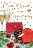 Romantic anniversary card artwork paying tribute to Mum and Dad, illustrated in rich reds and glowing golds that evoke the warm ambience of an evening in Swiss Cottage. At the centre, two slim champagne flutes rise next to one another, their clear glass reflecting soft highlights, with pale golden champagne fizzing inside. The bubbles climb delicately, frozen mid-motion, as though right before the glasses are raised in a loving toast. Spread before them is a heart-shaped box of chocolates, its deep red casing smooth and luxurious, wrapped in a lavish scarlet satin bow that spills gently over the lid. The box is open, showing an inviting selection of chocolates arranged in careful rows, each piece nestled snugly, suggesting the shared pleasure of a sweet treat enjoyed together at the end of a special anniversary evening. Close by, two opulent red roses lie on the table, rich and velvety, the petals curled and layered like the finest blooms a local Swiss Cottage florist might deliver for a milestone celebration. Their glossy green leaves fan outward, adding depth and a sense of freshness that balances the indulgent chocolates. All around, tiny hearts in shades of crimson and soft metallic gold float across the background in a gentle arc, circling elegant lettering that reads Mum & Dad. Just off to one side, a vivid red envelope sits neatly sealed, hinting at handwritten messages of love and gratitude, perhaps recalling years of shared memories around Swiss Cottage and neighbouring streets. The scene feels warm, intimate and celebratory, a visual tribute to enduring love and family closeness.